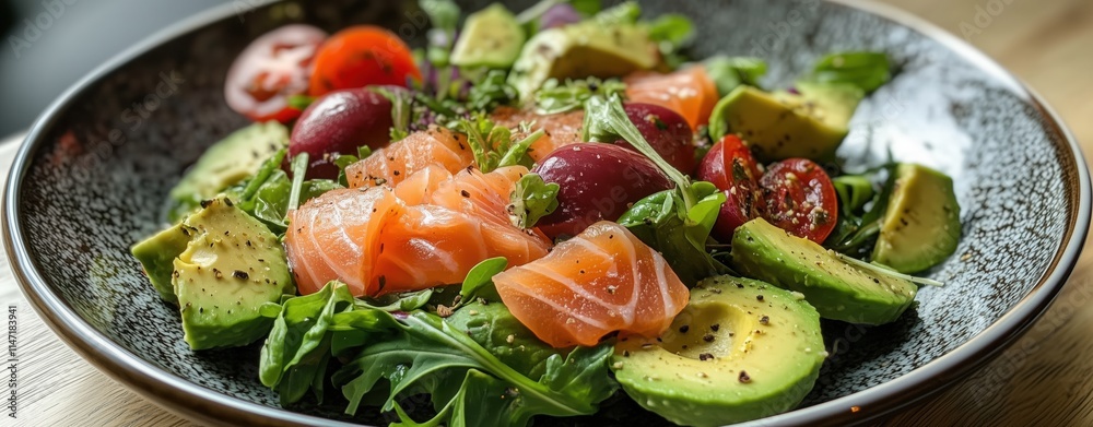 Smoked salmon and avocado salad with mixed greens. Healthy meals, gourmet cuisine, restaurant menu Smoked salmon and avocado salad with mixed greens. Healthy meals, gourmet cuisine, restaurant menu