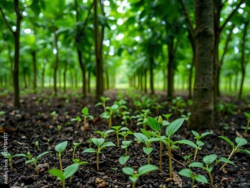 Coffee bean seedlings sprouting from the earth, surrounded by lush green leaves, embodying the concept of growth and nature, growth, earth