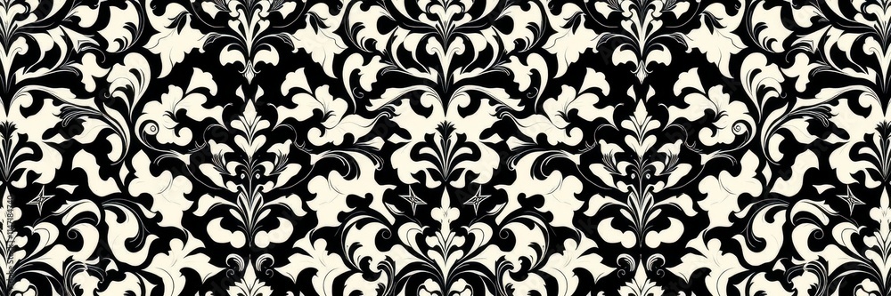 Elegant and intricate damask seamless vector pattern design in black and white colors, beautiful, stylish, repeat
