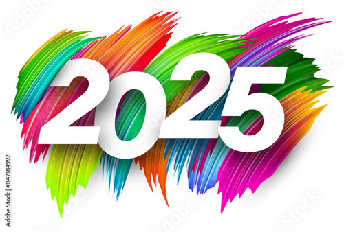 Vector illustration of 2025 numerals over colorful, dynamic paintbrush strokes, showcasing bold and creative artistry.