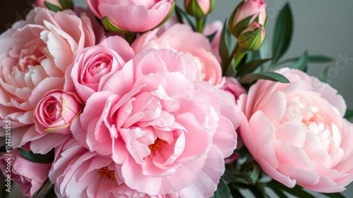 Fototapeta Naklejka Na Ścianę i Meble -  Fresh bunch of pink peonies and roses with ample blank space, petals, roses, feminine