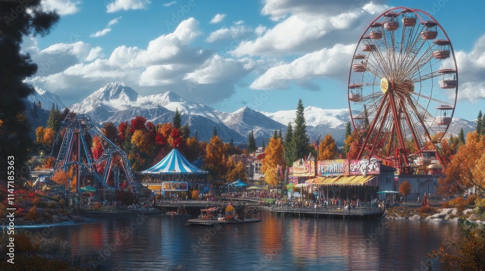 Obraz premium Autumn amusement park by a lake with mountains.