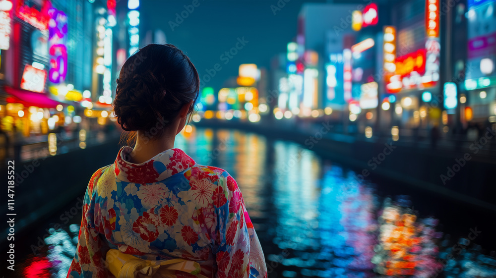 夜の道頓堀で輝く着物姿の女性と川景色 夜の道頓堀で輝く着物姿の女性と川景色
