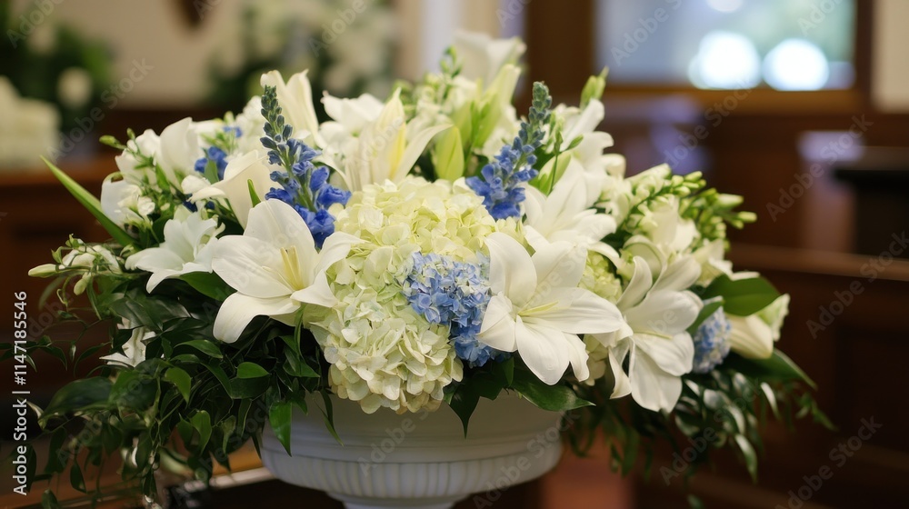 A beautiful white and blue floral arrangement sits on a pedestal in a church. A beautiful white and blue floral arrangement sits on a pedestal in a church.