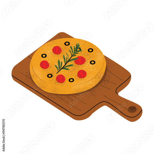 Focaccia bread illustration garnished with rosemary, cherry tomatoes, and olives on a wooden board. Ideal for bakery-related designs, food blogs, or menus. Flat vector style.