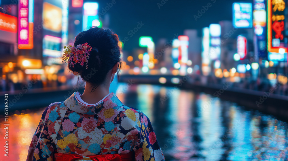 夜の道頓堀で輝く着物姿の女性と川景色 夜の道頓堀で輝く着物姿の女性と川景色