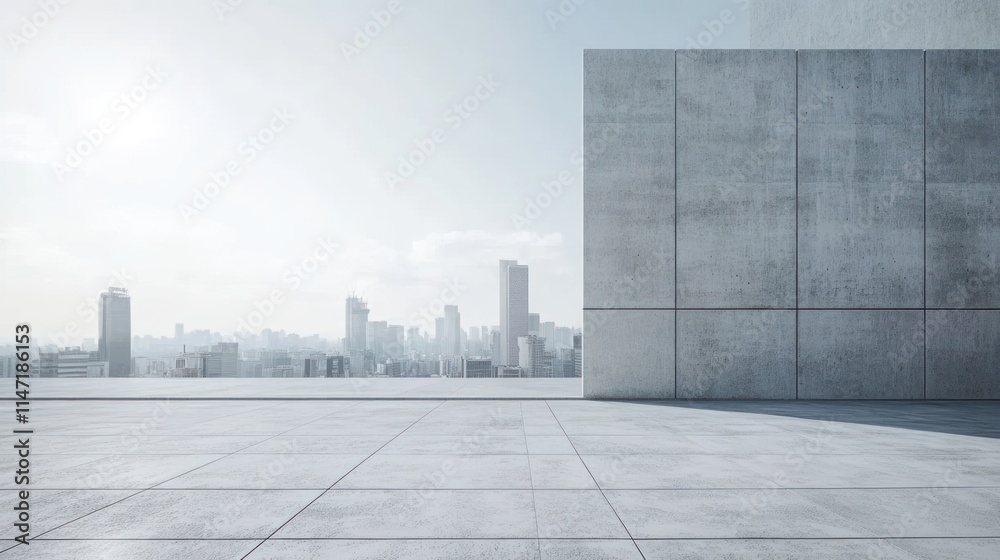 Fototapeta premium Empty concrete rooftop with city skyline in the background.
