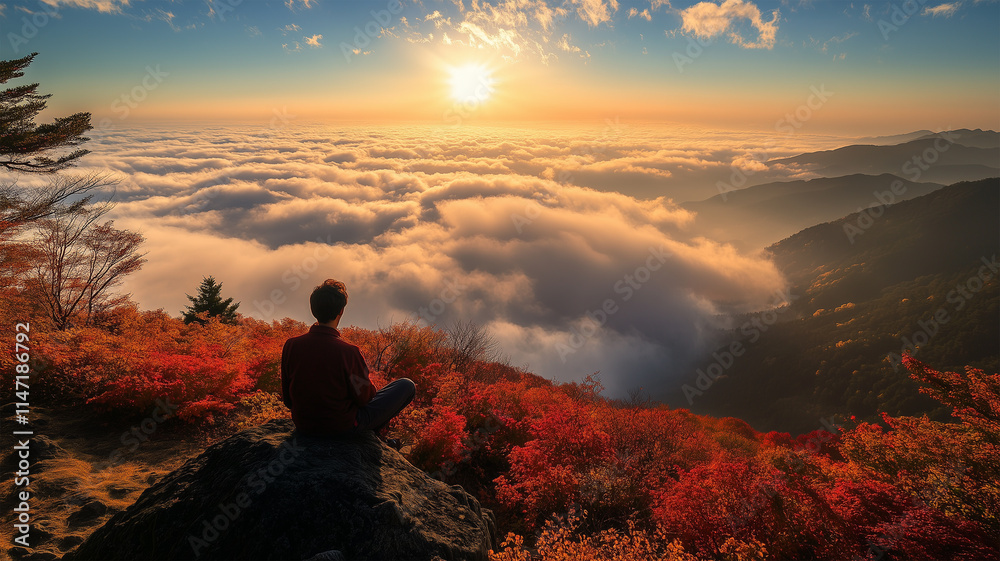 紅葉と雲海を背景にした展望台の若いカップル 紅葉と雲海を背景にした展望台の若いカップル