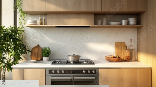 Modern kitchen with a stainless steel stove, white marble backsplash, and wooden cabinets.