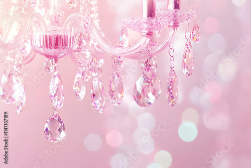 A stunning crystal chandelier sparkles with delicate drops in a soft pink glow