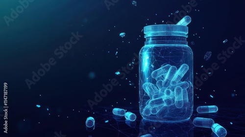A 3D rendering of a glass bottle with pills, with a digital, futuristic, and abstract effect.