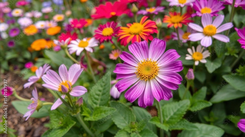 Obraz premium Vibrant purple flower petals and leaves in a lush garden setting, natural, garden