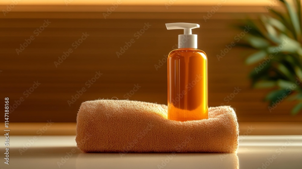 Shampoo Bottle on Towel in Soft Bathroom Setting. Generative AI Shampoo Bottle on Towel in Soft Bathroom Setting. Generative AI