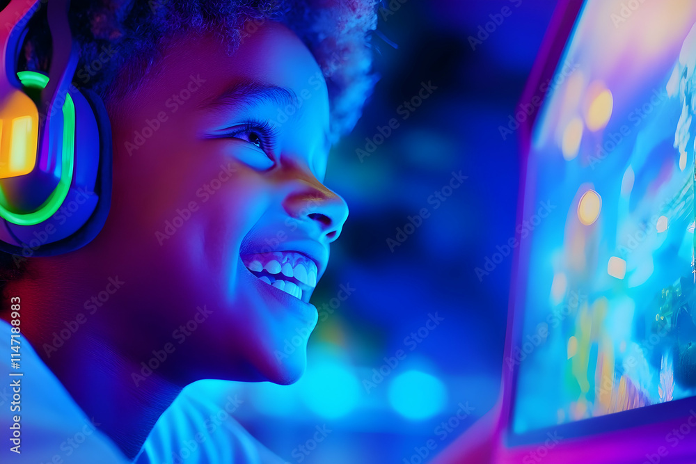 A child actively engages in a video game, beaming with joy amidst vibrant neon lights A child actively engages in a video game, beaming with joy amidst vibrant neon lights