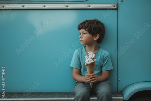 Junge genießt ein Eis auf der Treppe eines Vintage-Eiswagens

 photo