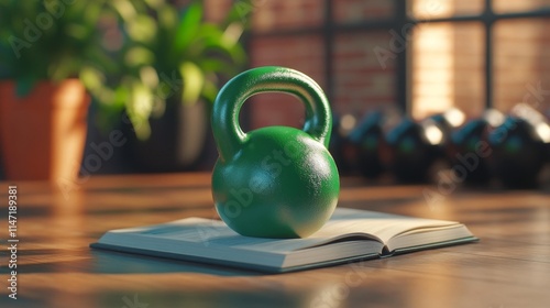 Fitness book with kettlebell in a home gym. Generative AI photo