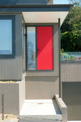 Konstfotografi Red Door Installed Too High - Quirky, Unreachable Door in Unique Setting