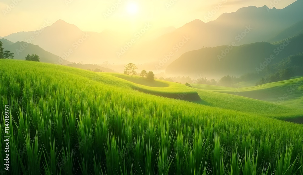 Obraz premium A breathtaking panorama of rolling green hills stretches out into the distance, bathed in the warm glow of the rising sun.