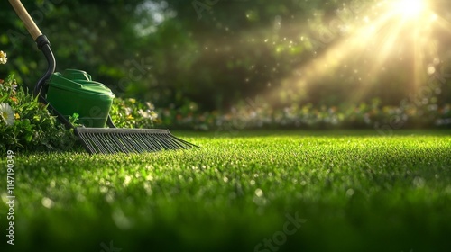 Garden Tools on a Green Lawn. Generative AI photo