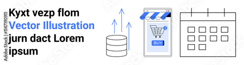 Database, online shop with shopping cart, and calendar reflect e-commerce growth. Ideal for business strategy, digital marketing, retail planning, sales increase, online transactions, project