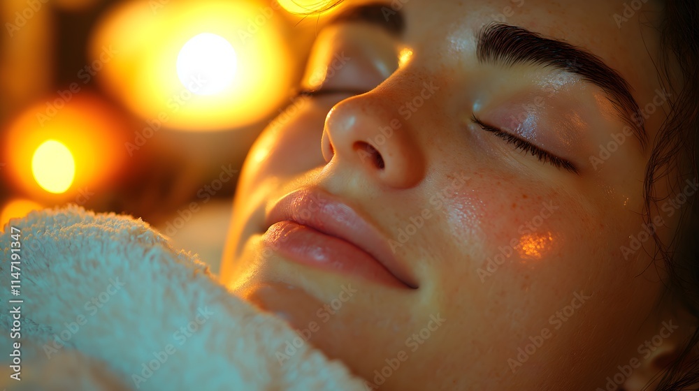 Peaceful Relaxation: Woman Enjoying Spa Therapy with Warm Lighting Peaceful Relaxation: Woman Enjoying Spa Therapy with Warm Lighting