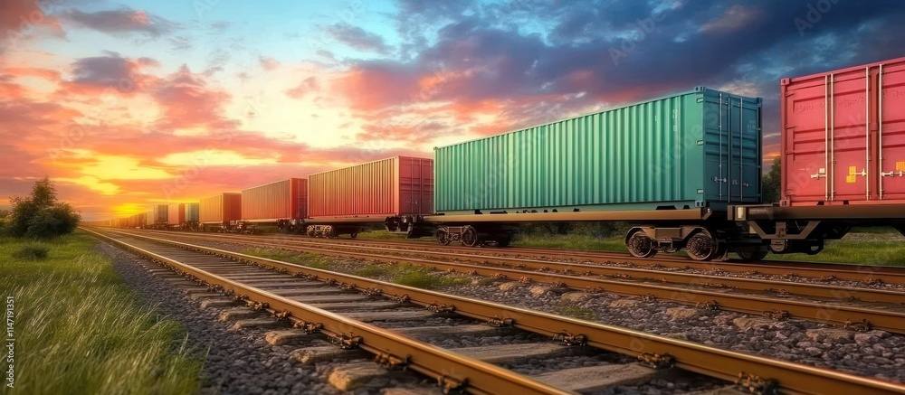 Fototapeta premium Colorful cargo containers on train against dramatic sunset logistics trade 