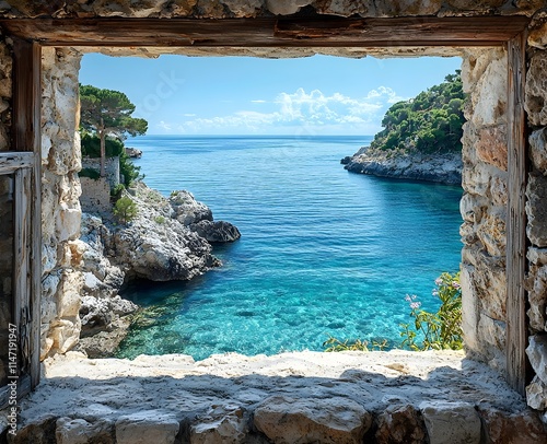 Luxury stone window frames in Italy offer views of a rocky beach and teal blue Mediterranean waters photo