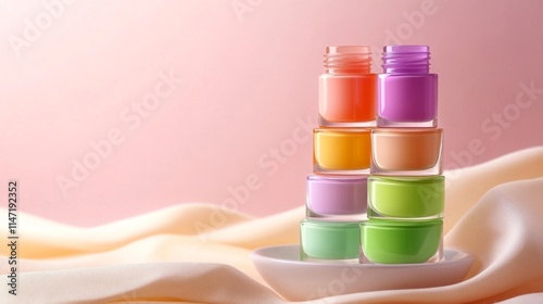 Pastel Nail Polish Bottles on Soft Fabric Background. Generative AI photo