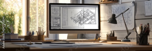 Modern engineering desk with computer displaying architectural design in a well lit workspace. Generative AI