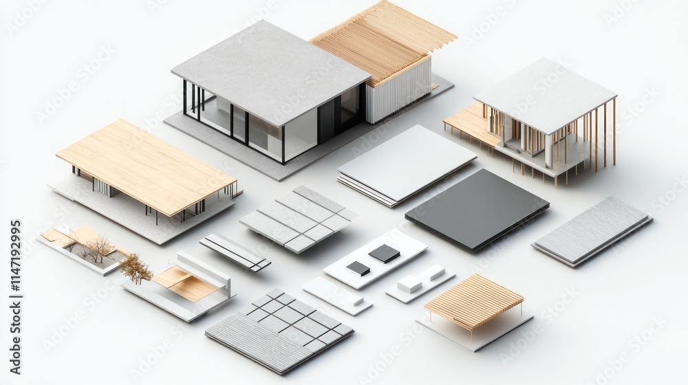 A collection of isometric 3D renderings of minimalist modern architecture elements, including a small house, decks, and outdoor furniture, on a white background. A collection of isometric 3D renderings of minimalist modern architecture elements, including a small house, decks, and outdoor furniture, on a white background.