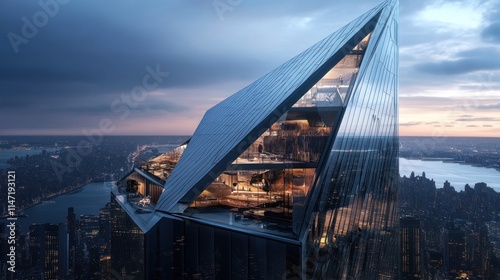 Contemporary urban skyscraper, sharp edges, steel and glass structure, city background, photorealistic 3D render