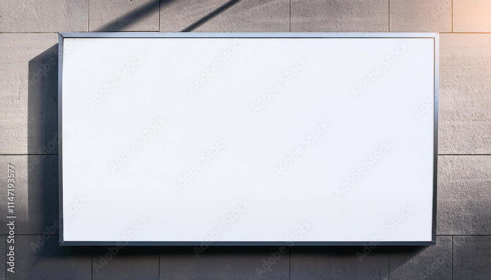 large wide-format wall blank white banner or big board hanging on the concrete wall of a building. Place for advertising. 3d render large wide-format wall blank white banner or big board hanging on the concrete wall of a building. Place for advertising. 3d render
