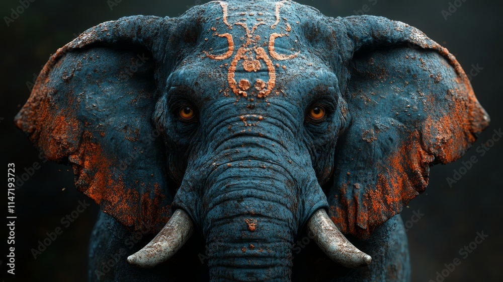 Fototapeta premium A blue elephant with orange markings on its face