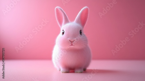 A cute pink bunny is standing on a pink background