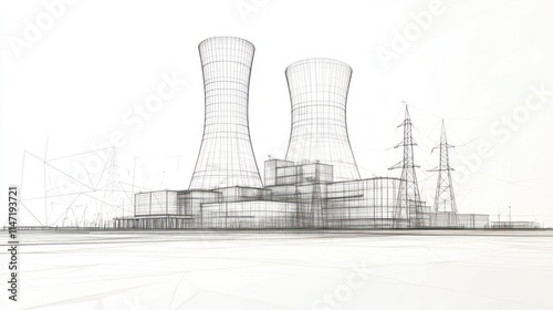 Wireframe sketch of a nuclear power plant with cooling towers and transmission lines.