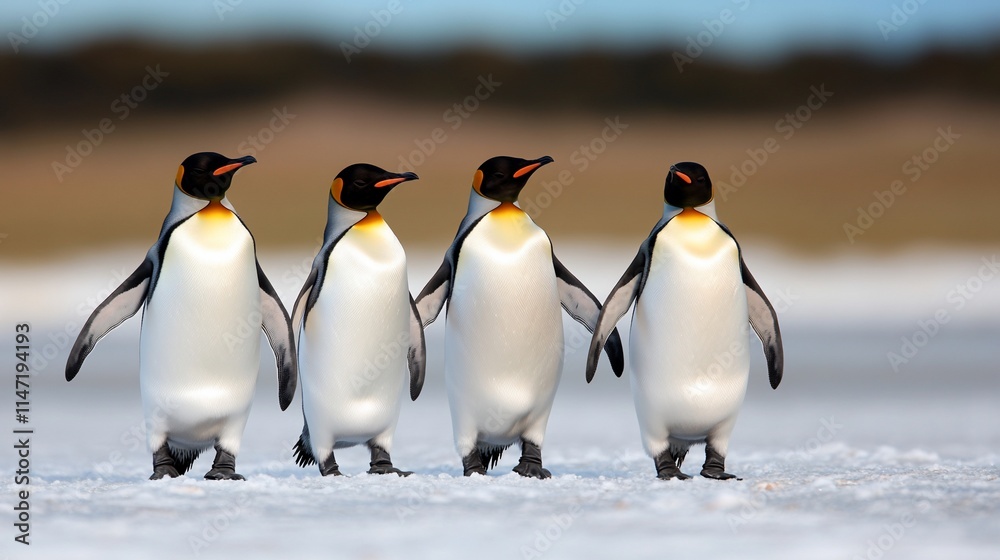 Obraz premium Four King penguins walking in a row on snow.