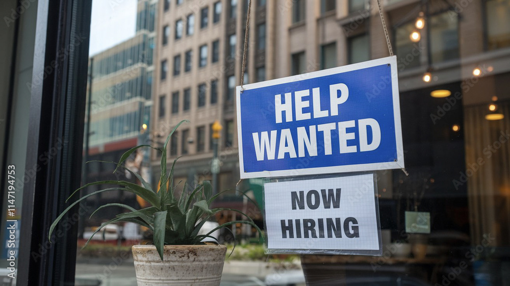 Fototapeta premium Close-up of a 'Help Wanted' flyer displayed in a storefront window, inviting job seekers to apply for open positions. The sign is framed by reflections of the surrounding environment