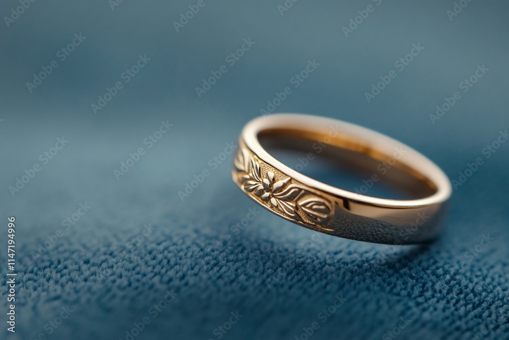 Elegant gold ring with embossed floral design on a textured blue surface. Elegant gold ring with embossed floral design on a textured blue surface.