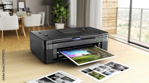 A black printer on a wooden table printing a photo with other photos in front of it.