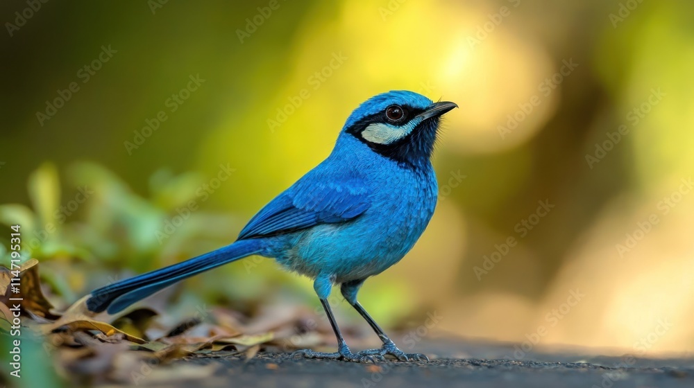 A vibrant blue bird with a black mask and white markings on its head stands on the ground, looking to the right. The background is a blurred green and yellow landscape. A vibrant blue bird with a black mask and white markings on its head stands on the ground, looking to the right. The background is a blurred green and yellow landscape.