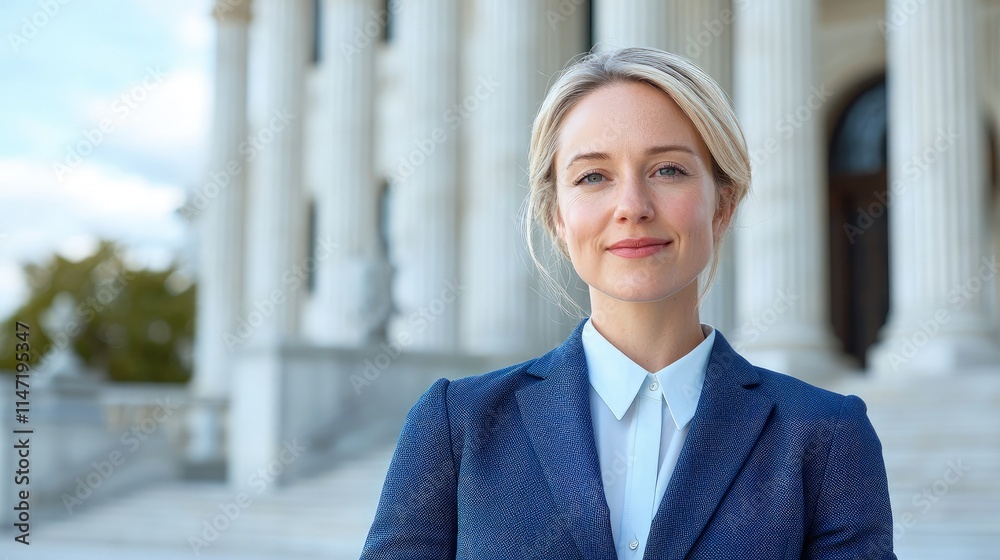 Fototapeta premium Confident businesswoman smiling outdoors near courthouse.