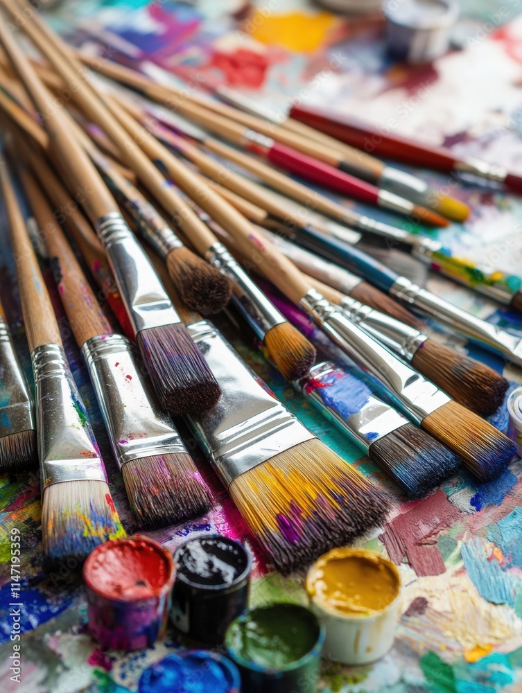 Creative workspace filled with brushes, vibrant paints, and canvases ready for artistic expressions and inspiration. Generative AI Creative workspace filled with brushes, vibrant paints, and canvases ready for artistic expressions and inspiration. Generative AI