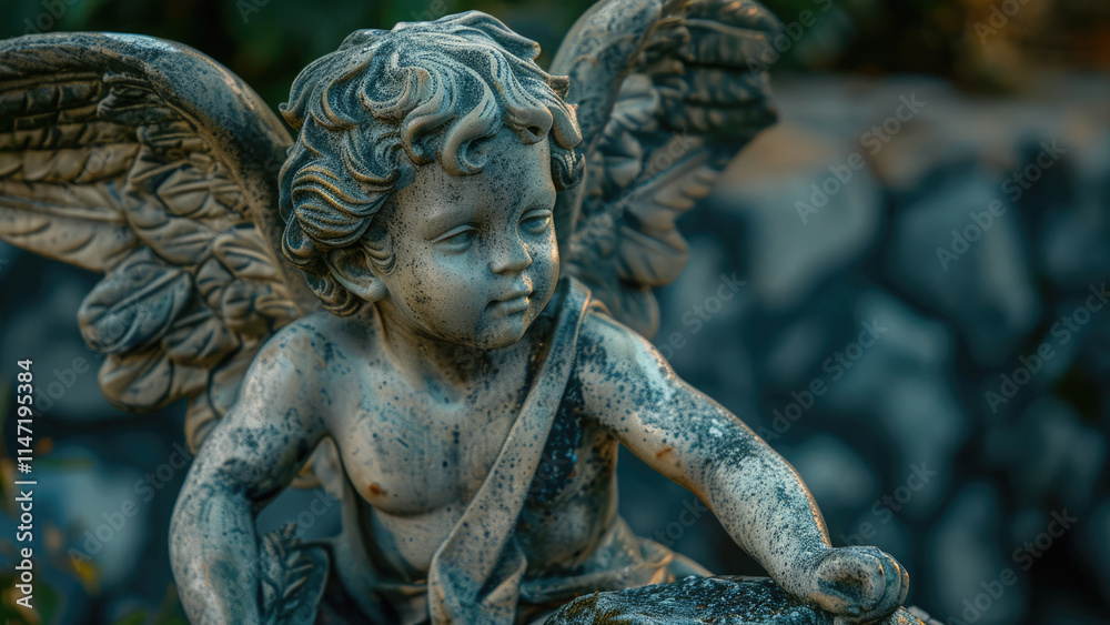 Weathered angel statue with wings in an outdoor setting Weathered angel statue with wings in an outdoor setting