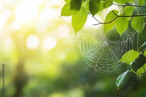 Dew-covered spiderweb in sunlight among green leaves.