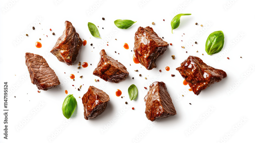 a vibrant composition of grilled meat pieces tossed mid-air, coated with glossy, spicy orange glaze, adorned with sprigs of fresh basil, perfectly separated on a clean white background, ultra-realisti a vibrant composition of grilled meat pieces tossed mid-air, coated with glossy, spicy orange glaze, adorned with sprigs of fresh basil, perfectly separated on a clean white background, ultra-realisti