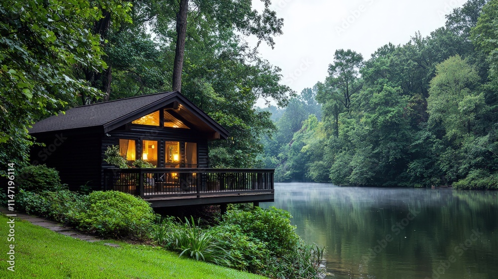Lakeside cabin at dusk, lit windows, tranquil setting. Lakeside cabin at dusk, lit windows, tranquil setting.