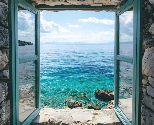 Stone window onto turquoise Mediterranean sea and rocky coast