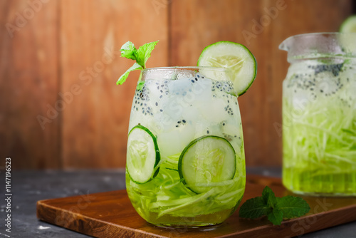 Shaved cucumber ice is a typical Indonesian drink, made from shaved cucumber, topped with syrup, basil and nata de coco. Ramadan food. Indonesian street food.