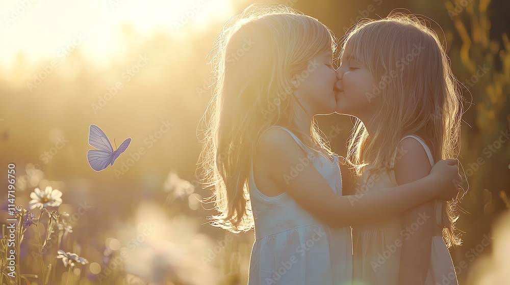 Two children sharing an innocent kiss on the cheek in a sunlit meadow, with wildflowers in full bloom around them Two children sharing an innocent kiss on the cheek in a sunlit meadow, with wildflowers in full bloom around them