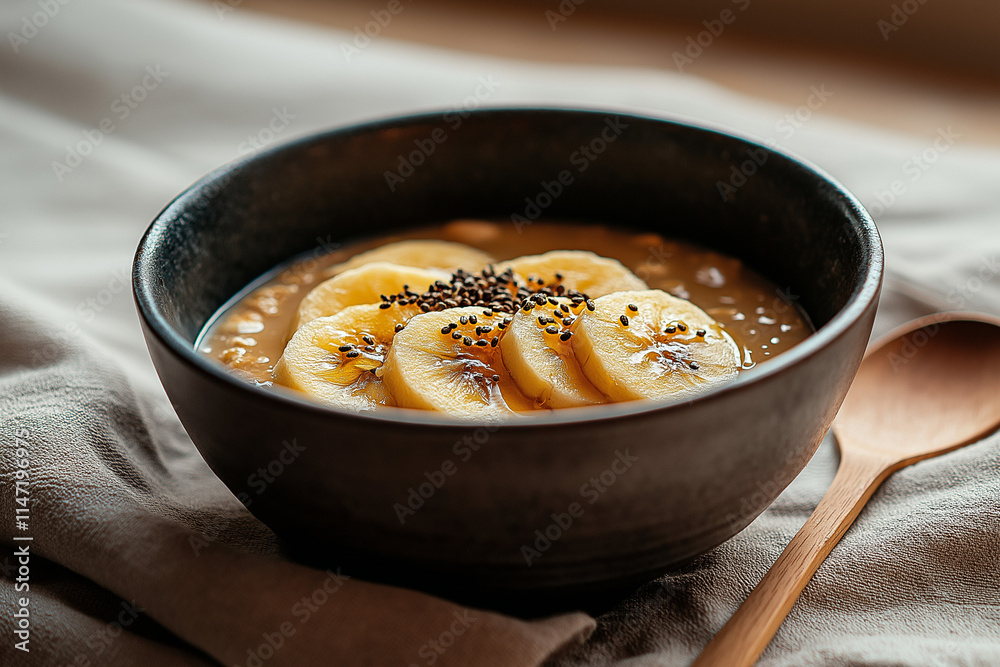 Leckere Haferbrei-Schüssel mit Bananenscheiben und Chiasamen
Leckere Haferbrei-Schüssel mit Bananenscheiben und Chiasamen